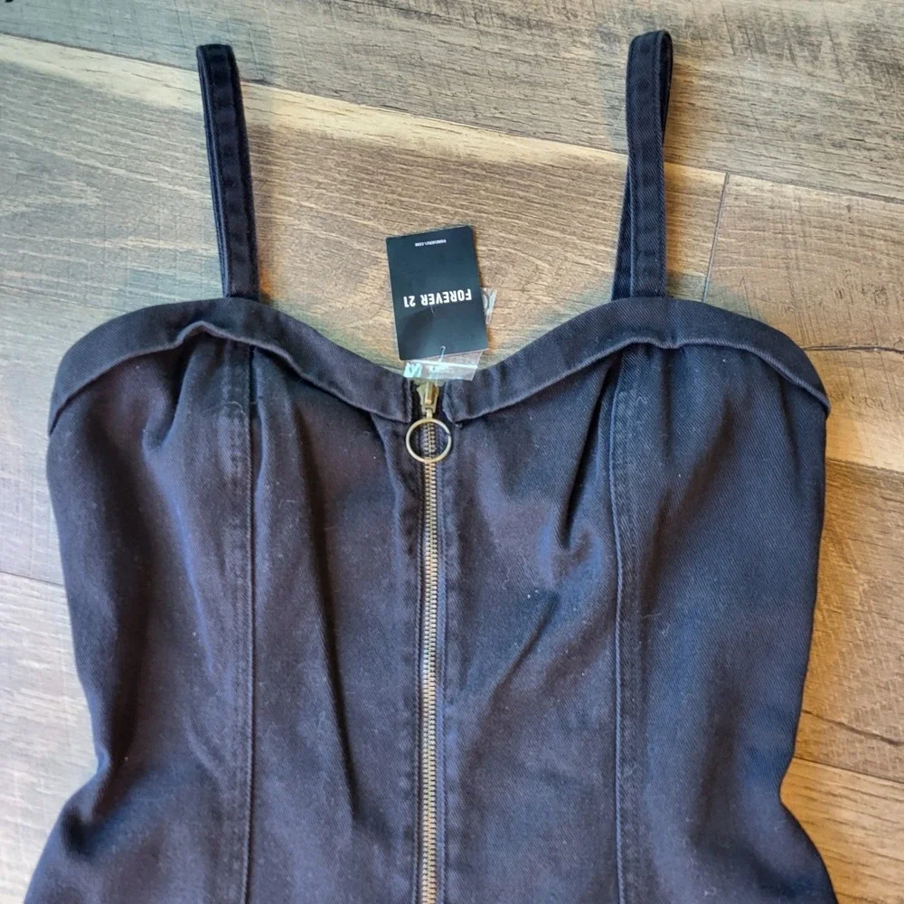 Forever 21 Black Denim Zip Up Mini Dress O-Ring Sweetheart Neckline Medium NWT